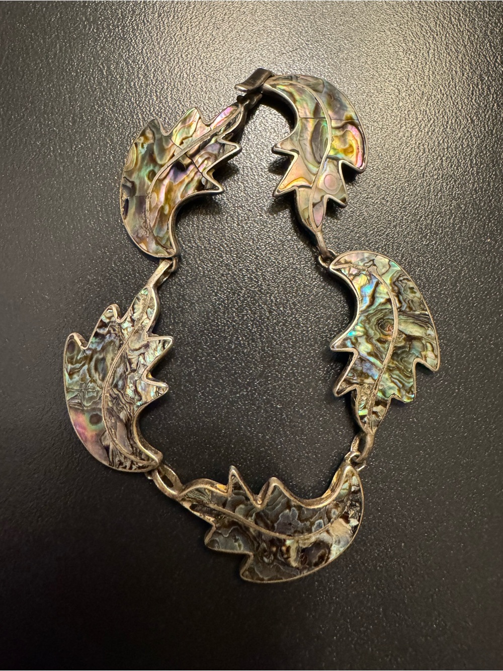 Vintage Mexican Sterling Silver Abalone Leaf Panel Bracelet - 7.25” - 16.6g